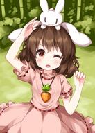 1girl 3 ;o animal animal_ears animal_on_head bamboo bamboo_forest bangs brown_hair bunny bunny_ears carrot_necklace cowboy_shot dress eyebrows_visible_through_hair floppy_ears forest highres inaba inaba_mob_(touhou) inaba_tewi lolibooru looking_up nature necklace on_head one_eye_closed open_mouth outdoors pink_dress rabbit rabbit_ears red_eyes ruu_(tksymkw) safe short_hair short_sleeves standing sweatdrop touhou touhou_project v-shaped_eyebrows // 1000x1400 // 899.3KB