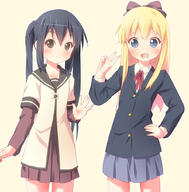 2girls alternate_costume black_hair blonde_hair blue_eyes blush bow brown_eyes cosplay costume_switch crossover dress duo female hair_bow hair_ornament k-on! layered_sleeves lolibooru long_hair long_sleeves mature multiple_females multiple_girls nakano_azusa nakano_azusa_(cosplay) nanamori_school_uniform photoshop_(medium) pixiv_24592407 pixiv_361625 pu-en ramble safe sailor_dress sailor_uniform school_uniform schoolgirl_uniform serafuku short_over_long_sleeves short_sleeves skirt smile tied_hair toshinou_kyouko toshinou_kyouko_(cosplay) twin_tails twintails uniform yuru_yuri あず京 けいおん! けいおん500users入り ゆいホイホイ ゆるゆり ゆるゆり500users入り クロスオーバー 中野梓 制服交換 唯・結衣ホイホイ 歳納京子 // 1000x1015 // 167.2KB