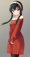 1girl bangs bare_shoulders black_hair black_legwear blush breasts bright_pupils brown_eyes clavicle closed_mouth clothing collarbone cowboy_shot dot_nose dress earrings eyebrows_visible_through_hair female floating_hair general gradient gradient_background grey_background hair_ornament hairband haru_(konomi_150) high_resolution highres jewelry konomi_150 legwear long_sleeves looking_at_viewer medium_breasts off-shoulder_dress off_shoulder own_hands_together pantyhose pink_lips red_dress safe safebooru short_hair short_hair_with_long_locks sidelocks simple_background sleeves_past_wrists solo spy_x_family standing wavy_mouth white_hair_ornament white_hairband yor_briar // 903x1701 // 119.3KB