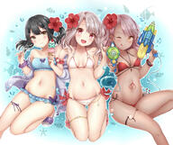 3girls ;q absurdres alternate_costume alternative_costume bikini black_hair blue_bikini breasts chloe_von_einzbern chum_ちゃむ cleavage commentary_request d danbooru danbooru-safebooru dark-skinned_female dark_skin dark_skinned_female dual_wielding explicit explicit_content fate fatego1000users入り fategrand_order fatekaleid_liner_prisma_illya fate_(series) fate_grand_order fate_kaleid_liner_prisma_illya fate_stay_night female fgo flower food footwear frilled_bikini frills garter gun hair_flower hair_ornament hair_tie heels hibiscus highres holding holding_food holding_object holding_spoon holding_water_gun ice_cream ice_cream_cone illyasviel_von_einzbern loli_face long_hair mikujin_(mikuzin24) mikuzin24 miyu_edelfelt multiple_females multiple_girls navel nsfw one_eye_closed one_side_up open_mouth open_shirt pink_hair red_bikini red_eyes red_flower safe safebooru sandals small_breasts smile spoon stomach stomach_tattoo strapless strapless_bikini strapless_swimsuit swimsuit swimsuits swimwear tattoo thigh_strap tied_hair tongue tongue_out twintails water_gun white_bikini white_hair white_swimsuit yellow_eyes イリヤスフィール(プリズマ☆イリヤ) イリヤスフィール・フォン・アインツベルン クロエ・フォン・アインツベルン ペディキュア マニキュア 夏休み 少女たちの夏休み（会場グッズ予定絵） 水着 美遊・エーデルフェルト // 3541x2962 // 1.0MB