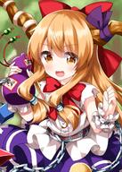 1girl blush bow chain chains eyebrows_visible_through_hair gourd hair_between_eyes hair_bow highres holding horn_ornament horn_ribbon horns ibuki_suika lolibooru long_hair oni_horns open_mouth orange_eyes orange_hair purple_ribbon purple_skirt red_bow ribbon ruu_(tksymkw) safe shirt sidelocks skirt smile solo torn_clothes torn_sleeves touhou touhou_project white_shirt // 1000x1400 // 1.1MB