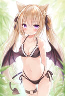 1girl animal_ear_fluff animal_ears arms_behind_back bikini black_bikini blonde_hair breasts cat_ears cat_girl demon_girl demon_tail demon_wings garter highres kata_rosu long_hair navel original pink_eyes ribbon safe sensitive side-tie_bikini solo swimsuit swimsuits tail thigh_gap thigh_strap thighs twintails wings // 1447x2122 // 1.6MB