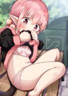 1girl bangs bare_legs barefoot bench black_hoodie blush bra breasts child commentary_request contentious_content covered_mouth day eyebrows_visible_through_hair feet feet_out_of_frame female hair_bobbles hair_ornament high_resolution highres hood hood_down hoodie hoodie_lift kikit legs lifted_by_self loli lolibooru long_hair looking_at_viewer low_twintails mochiyuki navel on_bench original outdoors panties pantsu park park_bench pink_hair q questionable red_eyes safe sankaku sankaku_channel small_breasts solo star_(symbol) star_print tied_hair trash_can twin_tails twintails underwear wavy_eyebrows white_bra white_panties white_pantsu white_underwear えっちなことがにがてなロリサキュバスちゃん たくしあげ ぱんつ もちゆき＠cg集制作中!!!! オリジナル1000users入り ロリ 公園たくしあげロリサキュバスちゃん // 1447x2047 // 2.2MB