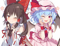 2girls ascot blue_hair blush bow brooch brown_eyes brown_hair closed_mouth clothing commentary e.o. eyebrows_visible_through_hair fang female hair_between_eyes hair_bow hair_ornament hair_tubes hakurei_reimu hat headwear high_resolution highres japanese_clothes jewellery jewelry lolibooru medium_hair mob_cap multiple_girls nontraditional_miko one_eye_closed open_mouth pink_headwear pink_skirt pink_vest puffy_short_sleeves puffy_sleeves red_ascot red_bow red_eyes remilia_scarlet ribbon-trimmed_sleeves ribbon_trim s safe sankaku short_hair short_sleeves sidelocks simple_background skirt smile star_(symbol) touhou touhou_project upper_body vest wafuku white_background wide_sleeves wrist_cuffs // 1600x1223 // 686.8KB