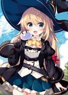 1girl aizawa_azusa aqua_eyes ascot black_robe blonde_hair blue_eyes bow braid french_braid general hat hat_bow highres large_hat long_hair open_clothes open_mouth open_robe outdoors robe ruu_(tksymkw) skirt slime_(creature) slime_taoshite_300_nen_shiranai_uchi_ni_level_max_ni_nattemashita tagme very_long_hair witch witch_hat // 1000x1400 // 980.6KB