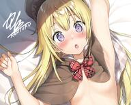 bed blonde_hair blush cape cropped cube kami-sama_no_you_na_kimi_e kantoku long_hair no_bra rana_liddell-hart signed // 2157x1726 // 3.0MB