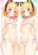 2girls animal_ear_headphones animal_ears bangs bikini blonde_hair blue_archive blue_bow blunt_bangs blush bow breasts cameltoe cat_ear_headphones clothing commentary danbooru eyebrows_visible_through_hair fake_animal_ears female female_focus green_eyes hair_bow hair_ornament headphones loli lolibooru looking_at_viewer meri-san micro_bikini midori_(blue_archive) momoi_(blue_archive) multiple_girls navel q questionable raigekidenpi3 red_bow red_eyes saiba_midori saiba_momoi sankaku short_hair siblings side-tie_bikini simple_background sister sisters small_breasts stomach swimsuit twin twins white_background white_bikini white_swimsuit おへそ ブルーアーカイブ ブルーアーカイブ1000users入り ブルーアーカイブ5000users入り マイクロビキニ ミドモモ メリサン モモミド 双子 才羽ミドリ 才羽モモイ 撫で回したいお腹 鼠蹊部 // 1032x1457 // 1.2MB