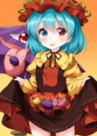 1girl aki_minoriko aki_minoriko_(cosplay) apron blue_eyes blue_hair blush brown_skirt closed_mouth clothing collared_shirt cosplay cowboy_shot crossover eyebrows_visible_through_hair female female_only food fruit grapes hair_between_eyes hat headwear heterochromia high_resolution highres juliet_sleeves karakasa_obake long_sleeves mob_cap pear puffy_sleeves red_eyes red_headwear ribbon ruu_(tksymkw) safe shirt short_hair skirt smile solo sweet_potato tatara_kogasa tongue tongue_out touhou touhou_project umbrella yellow_shirt // 1000x1400 // 933.1KB