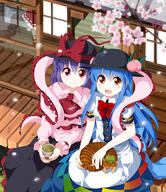 2_girls 2girls blue_hair blush capelet cat chen chen_(cat) cherry_blossoms cup dress feline female female_focus food fruit girl green_tea hat hat_ribbon hinanawi_tenshi long_hair long_sleeves looking_at_viewer mammal multiple_females multiple_girls nagae_iku open_mouth peach petals puffy_sleeves purple_hair red_eyes ribbon ruu_(tksymkw) safe shawl shirt short_hair short_sleeves skirt smile tall_image tea teacup touhou tsurukou twig veranda // 1000x1154 // 769.9KB