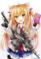 1girl animal_ear_fluff animal_ears bangs blonde_hair blue_skirt blush cat_ears checkered checkered_skirt coat d dated eyebrows_visible_through_hair fang gift gun hair_ribbon handgun highres holding holding_gift holding_weapon kata_rosu long_hair looking_at_viewer machine_gun miniskirt necktie open_mouth original pistol red_necktie ribbon shirt simple_background skirt smile solo twitter_username two_side_up weapon white_shirt yellow_eyes // 1003x1416 // 1.1MB