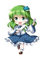 1girl bangs blue_eyes blue_skirt blush brown_footwear chibi clothing collared_vest detached_sleeves female footwear frilled_skirt frills frog_hair_ornament full_body gohei green_eyes green_hair hair_ornament happy headdress headwear high_resolution kochiya_sanae legwear long_hair long_skirt long_sleeves nontraditional_miko ofuda oonusa open_mouth ruu_(tksymkw) simple_background skirt snake_hair_ornament socks standing standing_on_one_leg teeth touhou touhou_project upper_teeth vest white_background white_legwear white_sleeves white_vest wide_sleeves // 1000x1400 // 539.6KB