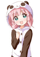 1girl animal_costume animal_hood bangs blush d eyebrows_visible_through_hair green_eyes hand_up haru_(konomi_150) highres hood hood_up konomi_150 looking_at_viewer open_mouth pajamas panda_costume panda_hood pink_hair safe shiny shiny_hair short_hair simple_background smile solo upper_body white_background yoshikawa_chinatsu yuru_yuri // 1004x1416 // 427.2KB