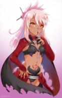 1girl armor bangs black_panties blush breastplate breasts bridal_gauntlets brown_skin cape chloe_von_einzbern dark-skinned_female dark_skin fatekaleid_liner_prisma_illya fate_(series) female grin hair_between_eyes hair_bun hair_ornament hairpin half_updo high_resolution highres kachin lolibooru long_hair long_sleeves looking_at_viewer navel orange_eyes panties perfection pink_hair questionable red_cape safe sensitive shrug_(clothing) sidelocks small_breasts smile solo stomach_tattoo tattoo thighs underwear waist_cape // 1532x2389 // 1.9MB