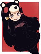 1girl an-chan_(ananna0315) animal_ears bear_ears bear_girl black_bow black_bowtie black_dress black_fur black_gloves black_hair black_pantyhose blush bow bowtie chibi_kumamon_(kemono_friends) commentary_request dress elbow_gloves extra_ears fur_collar fur_trim gloves grey_eyes hair_ornament heart heart_hair_ornament highres kemono_friends long_hair looking_at_viewer multicolored_hair pantyhose redhead see-through sidelocks solo star_(symbol) star_hair_ornament white_hair // 1536x2048 // 156.2KB