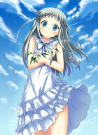 10s 1_female 1girl ano_hi_mita_hana_no_namae_wo_bokutachi_wa_mada_shiranai. blue_eyes cloud commentary commentary_request day dress female flower honma_meiko long_hair looking_at_viewer mature mushuu pov safe sensitive silver_hair sky sleeveless sleeveless_dress smile solo // 582x800 // 360.1KB