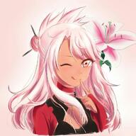 1_female 1girl ;q child chloe_von_einzbern commentary_request dark-skinned_female dark_skin dark_skinned_female eyebrows eyebrows_visible_through_hair fate fate(series) fatekaleid fatekaleid_liner_prisma_illya fate_(series) female finger_to_mouth flower hair_bun hair_ornament hair_stick hei_kuang_jun lily_(flower) long_hair looking_at_viewer mature mixed_eye_color multicolored multicolored_eyes one_eye_closed perfection pink_eyes pink_hair pov safe sensitive single_hair_bun sion99 smile solo tied_hair tongue tongue_out upper_body white_hair yellow_eyes young // 1181x1181 // 852.4KB