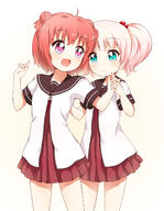 2girls akaza_akari aqua_eyes blush commentary_request double_bun dress female hair_bobbles hair_bun hair_ornament hair_tie high_resolution highres mature multiple_females multiple_girls mushuu nanamori_school_uniform open_mouth pink_hair red_hair safe sailor_dress sailor_uniform school_uniform schoolgirl_uniform serafuku short_hair short_twintails single_hair_bun smile tied_hair twintails uniform yoshikawa_chinatsu yuru_yuri // 1161x1500 // 562.9KB