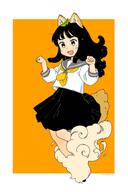 1girl akai_sashimi animal_ears bangs black_hair black_skirt female full_body grey_sailor_collar leaf leaf_on_head long_hair long_sleeves neckerchief open_mouth orange_background original paw_pose safe sailor_collar shirt signature skirt smile solo tail white_shirt yellow_neckerchief yellow_neckwear // 639x960 // 62.2KB