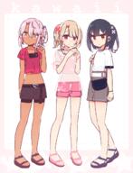 3girls bag black_hair blush bracelet brown_eyes brown_hair brown_skin chloe_von_einzbern choker clothing commentary_request crop_top dark-skinned_female dark_skin dot_mouth fatekaleid_liner_prisma_illya fate_(series) female flower footwear full_body general hair_flower hair_ornament hairclip high_resolution highres illyasviel_von_einzbern jewellery jewelry light_brown_hair lolibooru looking_at_viewer medium_hair miyu_edelfelt multiple_girls navel o orange_eyes own_hands_together pink_eyes pink_hair ponytail safe sandals see-through see-through_shirt sensitive shirt short_shorts shorts shoulder_bag sketch smile t-shirt tied_hair x_hair_ornament yoru_nai // 994x1302 // 472.9KB