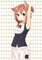 1_female adjusting_hair animal_ears apron arm_up armpits bad_id bad_pixiv_id black_legwear blush brown_hair ears female girl high_resolution highres holding legwear looking_at_viewer mature morinaoekaki mouth_hold original pov purple_eyes red_eyes ribbon ribbon_in_mouth safe short_hair single solo tall_image thigh-highs // 1600x2263 // 304.0KB