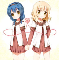 2girls blonde_hair blue_hair braid brown_eyes commentary_request female furutani_himawari hairband hand_holding heart high_resolution highres holding_hands layered_sleeves long_sleeves multiple_females multiple_girls mushuu nanamori_school_uniform oomuro_sakurako open_mouth safe school_uniform schoolgirl_uniform serafuku short_over_long_sleeves short_sleeves smile twin_braids uniform yuru_yuri // 1486x1500 // 957.1KB