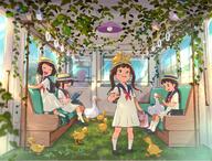 4girls animal animal_on_head backpack bag bird black_footwear black_hair blue_sailor_collar blush book braid bus_interior dress duck duckling female_child grass hat highres holding holding_book lolibooru low_twintails multiple_girls nanami_tomorou on_head original plant reading safe sailor_collar shoes sitting smile socks standing twin_braids twin_tails uniform vehicle_interior vines white_dress // 1701x1290 // 688.8KB