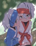 2girls asymmetrical_sleeves bell blue_hair blue_headband blush bubukka closed_mouth grey_eyes hair_between_eyes headband japanese_clothes jingle_bell kikyou_(kunoichi_tsubaki_no_mune_no_uchi) kunoichi_tsubaki_no_mune_no_uchi lolibooru long_sleeves looking_at_viewer multiple_girls red_headband safe sensitive sitting smile uikyou_(kunoichi_tsubaki_no_mune_no_uchi) // 700x875 // 390.0KB