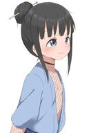 adult bangs black_hair blue_eyes blush bubukka dot_nose eyebrows_visible_through_hair fishnet_sleeves fishnet_top fishnets flat_chest hair_bun hair_ornament hair_stick japanese_clothes kimono kunoichi_tsubaki_no_mune_no_uchi lolibooru mokuren_(kunoichi_tsubaki_no_mune_no_uchi) open_clothes pettanko robe s safe sankaku sensitive sidelocks simple_background single_hair_bun smile solo tied_hair wafuku white_background // 650x967 // 52.4KB