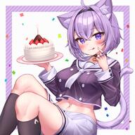 1girl ahoge animal_collar animal_ear_fluff animal_ears bad_id bad_twitter_id bangs birthday_cake black_collar black_footwear black_hair_ornament black_hairband black_legwear black_serafuku black_socks blush breasts buttons cake cat_ears cat_girl cat_tail clavicle clothed_female clothing collar collarbone commentary_request cowboy_shot crop_top deaver double-breasted eyebrows eyebrows_visible_through_hair female female_solo food food_on_face food_print hair_between_eyes hairband happy_birthday holding holding_plate hololive kneehighs large_breasts long_sleeves looking_at_viewer midriff navel neckerchief nekomata_okayu nekomimi okayu_ch. onigiri_print plate purple_eyes purple_hair q s safe sailor_collar sankaku school_uniform sensitive serafuku short_hair shorts sidelocks sitting smile socks solo tail tongue tongue_out uniform violet_eyes virtual_youtuber white_background white_neckerchief white_neckwear white_sailor_collar white_shorts // 3600x3600 // 918.5KB