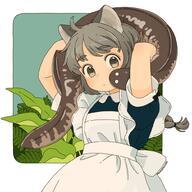 1girl akai_sashimi animal_ears apron arms_up bangs black_dress braid cat_ears cat_girl dress eel eyebrows_visible_through_hair frilled_apron frills grey_eyes grey_hair leaf maid maid_apron medium_hair original plant safe short_sleeves solo white_apron // 1002x1000 // 124.1KB