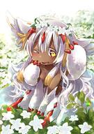 1girl animal_ear_fluff animal_ears artist_name blonde_hair blush breasts claws collarbone commentary_request dark-skinned_female dark_skin day extra_arms faputa fewer_digits field flower flower_field full_body hand_on_own_cheek hand_on_own_face hands_up head_wreath highres long_hair looking_at_viewer lower_teeth made_in_abyss monster_girl multicolored_hair mumu_yu_mu no_nipples nude one_eye_closed open_mouth outdoors safe sensitive sharp_teeth sitting small_breasts smile solo streaked_hair teeth v_arms white_flower white_fur white_hair yellow_eyes // 1444x2048 // 398.4KB