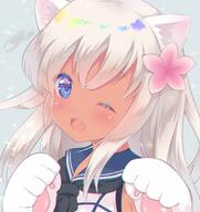 1girl animal_ears animal_hands black_neckerchief black_neckwear blonde_hair blue_eyes blue_sailor_collar cat_day cat_ears crop_top fang female flower general gloves hair_flower hair_ornament kantai_collection lolibooru long_hair looking_at_viewer neckerchief nekomimi one_eye_closed open_mouth paw_gloves paws ro-500_(kancolle) ro-500_(kantai_collection) safe sailor_collar sankaku_channel school_uniform sensitive serafuku signature skin_fang sleeveless smile solo tan tanned tsukimochikuriko_(tsukimochi_k) uniform upper_body // 1000x1061 // 131.1KB