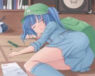 1_female 1girl amane_hasuhito ass backpack bad_id bad_pixiv_id bag blue_hair closed_eyes contemporary eyes_closed female female_focus hair_bobbles hair_ornament hair_tie hasu_(hk_works) hat headwear indoors kawashiro_nitori lying on_side ram ram_(computer) randoseru safe short_hair sleeping sleeves_rolled_up soldering_iron solo tied_hair touhou twintails two_side_up // 700x560 // 407.9KB