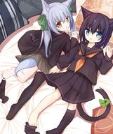 2_females 2girls animal_ear_fluff animal_ears animal_tail bangs barefoot bed_sheet black_hair black_jacket black_legwear black_sailor_collar black_serafuku black_shirt black_skirt blue_eyes blush brown_eyes cat_ears cat_girl cat_tail catgirl catperson ciela_(yuuhagi_(amaretto-no-natsu)) commentary_request ears eyebrows eyebrows_visible_through_hair feet female green_ribbon grey_skirt hair_between_eyes hair_ribbon hand_up jacket knee-high_legwear kneehighs kneehighs_removed legwear long_hair long_sleeves looking_at_viewer lying multiple_females multiple_girls neckerchief no_shoes on_back on_stomach open_clothes open_jacket open_mouth orange_neckwear original parted_lips pillow pleated_skirt pov ribbon safe sailor_collar sailor_uniform school_uniform schoolgirl_uniform serafuku shiho_(yuuhagi_(amaretto-no-natsu)) shirt silver_hair single_kneehigh single_thigh-high single_thighhigh skirt soles tail tail_ornament tail_ribbon thigh-highs thighhighs thighhighs_removed tied_hair twintails uniform yuuhagi_(amaretto-no-natsu) // 840x1000 // 153.0KB