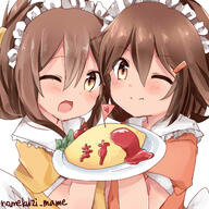 10s 2girls 3 absurd_resolution absurdres alternate_costume artist_name brown_eyes brown_hair commentary_request fang fangs female folded_ponytail food hair_between_eyes hair_clip hair_ornament hair_tie hairclip high_resolution highres holding holding_plate ikazuchi_(kancolle) ikazuchi_(kantai_collection) inazuma_(kancolle) inazuma_(kantai_collection) kantai_collection looking_at_viewer maid maid_headdress mature multiple_females multiple_girls namekuji_(namekuzu) namekuzi_mame omelet omurice one_eye_closed open_mouth pixiv_50600617 pixiv_8741514 plate ponytail pov safe short_hair smile tied_hair なめくじ ブラックサンダー 暁 暁型第六駆逐隊マジ天使 第六メイド隊！ 第六駆逐隊 衣装チェンジ私服艦娘メイド服 雷 電 響 // 2400x2400 // 402.0KB