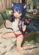 1girl 2d_art absurdres animal_ear_fluff animal_ears animal_hands backpack bag bandaid bandaid_on_leg bangs bed bed_sheet bedroom bent_knees blue_hair blunt_bangs blush buruma cat_ears cat_paws cat_tail clothing contentious_content crime_prevention_buzzer curtains dorontabi dorontabikids eyebrows_visible_through_hair fake_animal_ears fake_tail female female_focus footwear gloves gym_shirt gym_uniform high_resolution highres idolmaster idolmaster_cinderella_girls indoors legwear loli lolibooru long_hair looking_at_viewer navel nekomimi on_bed open_mouth paw_gloves paw_pose paws pillow pixiv_55392960 pixiv_96810938 q questionable randosel randoseru red_buruma red_eyes safe sajo_yukimi sajou_yukimi sankaku shirt shirt_lift shoes short_sleeves sitting sitting_on_bed slip-on_shoes smile socks solo sportswear spread_legs tail the_idolm@ster the_idolm@ster_cinderella_girls twitter uniform user_dpra5548 uwabaki very_high_resolution wariza white_legwear white_shirt アイドルマスターシンデレラガールズ アイマス10000users入り アイマス1000users入り アイマス5000users入り エンジブルマ ドロンタビ ナイスブルマ! ニャンニャン ブルm@ster ブルマ ロリ 佐城雪美 体育着 猫の手グローブ 猫耳 // 2150x3035 // 583.2KB