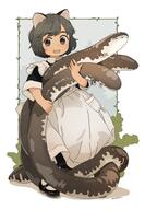 1girl akai_sashimi animal animal_ears apron artist_name black_dress black_eyes cat_ears cat_girl dress frilled_apron frills grey_hair holding holding_animal maid maid_apron open_mouth original pocket safe salamander shadow short_hair short_sleeves smile solo white_apron // 694x1000 // 94.8KB