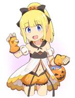 1girl allthefallen blonde_hair blue_eyes bubukka candy capcom female_focus food gloves halloween halloween_costume highres loli looking_at_viewer mega_man_(classic) mega_man_(series) navel ponytail pumpkin_pants questionable ribbon rockman rockman_(classic) roll roll_(mega_man) safe simple_background smile solo upper_body white_background // 920x1200 // 83.0KB