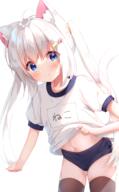 1girl animal_ear_fluff animal_ears black_thighhighs blue_buruma blush buruma cat_ears cat_girl cat_tail clothes_lift gym_uniform hair_ornament hairclip highres lifted_by_self long_hair looking_at_viewer matchanear navel original sensitive shirt shirt_lift short_sleeves simple_background smile solo tail thighhighs thighs twintails very_long_hair white_background white_hair white_shirt 抹茶にあ＠お仕事募集中 // 900x1457 // 846.1KB