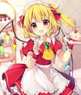 1_female 1girl alternate_costume alternative_costume apron ascot asymmetrical_hair bangs blonde_hair blueberry blurry blurry_background blush brooch cake clothing commentary_request cowboy_shot d danbooru danbooru-safebooru dress enmaided eyebrows eyebrows_visible_through_hair fang fangs female female_only female_solo flandre_scarlet food fork frilled_shirt_collar frills fruit gelbooru hair_between_eyes hair_ornament hair_ribbon hands_up happy headdress headwear heart holding holding_food holding_fork holding_object indoors jewelry light_particles lingerie looking_at_viewer macaron maid maid_apron maid_headdress male one_side_up open-mouth_smile open_mouth petticoat plate ponytail pov puffy_short_sleeves puffy_sleeves questionable red_dress red_eyes red_ribbon ribbon ruhika safe safebooru sankaku_channel short_hair short_sleeves side_ponytail smile solo strawberry strawberry_shortcake tied_hair tiered_tray touhou touhou_project waist_apron white_apron wings wrist_cuffs yellow_ascot yellow_neckwear // 964x1126 // 158.0KB