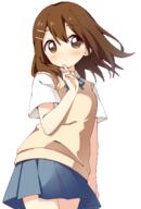 1girl bangs blue_ribbon blue_skirt blush brown_eyes brown_hair check_commentary clothing commentary commentary_request cowboy_shot dot_mouth female finger_to_own_chin general hair_between_eyes hair_ornament hairclip haru_(konomi_150) high_resolution highres hirasawa_yui index_finger_raised k-on! konomi_150 medium_hair neck_ribbon ribbon s sankaku shirt short_sleeves simple_background skirt solo sweater_vest white_background white_shirt yellow_sweater_vest // 998x1478 // 412.6KB