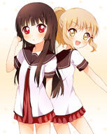 2girls alternate_hairstyle back-to-back black_hair blonde_hair brown_eyes commentary_request cowboy_shot female hair_ornament high_resolution highres hime_cut long_hair looking_at_viewer looking_back matsumoto_rise mature multiple_females multiple_girls mushuu nanamori_school_uniform o oomuro_sakurako open_mouth ponytail pov red_eyes safe school_uniform schoolgirl_uniform serafuku short_hair short_sleeves standing tied_hair uniform yuru_yuri // 1200x1508 // 625.5KB