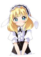 1girl animal_ears bangs blonde_hair blue_eyes blunt_bangs bunny_ears clothing collared_shirt commentary dot_mouth fake_animal_ears female fleur_de_lapin_uniform frilled_hairband frills general gochuumon_wa_usagi_desu_ka? hairband haru_(konomi_150) high_resolution highres kirima_syaro konomi_150 light_blush long_hair looking_at_viewer puffy_short_sleeves puffy_sleeves rabbit_ears s sankaku shirt short_sleeves simple_background solo useless_tags v_arms white_background // 1080x1500 // 1.0MB