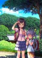 2girls antenna_hair backpack bag bangs black_hair blue_skirt blush bodily_fluids brown_eyes brown_shorts building child closed_mouth collarbone commentary_request danbooru day drinking female gelbooru grass hair_ribbon holding ichijou_hotaru layered_skirt legwear lolibooru lolibooru.moe mature miyauchi_renge multiple_females multiple_girls non_non_biyori outdoors outside path photoshop_(medium) pink_shirt pixiv_20506272 pixiv_69587117 power_lines profile purple_hair randoseru ribbon road safe shade shirt short_sleeves shorts skirt smile standing striped striped_shirt sweat swept_bangs thermos tied_hair tree twintails yellow_ribbon yoshimura_(yoshimura4shi) yoshimurayoshi young のんのんびより れんげちゃんと蛍ちゃん ランドセル 一条蛍 吉村 宮内れんげ 木陰 // 723x1000 // 742.5KB