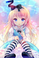 alice_(alice_in_wonderland) alice_in_wonderland amo blonde_hair blue_eyes bows_(fashion) female hair_bow long_hair mobile_wallpaper multi-colored_legwear mushroom open_mouth pixiv png_conversion solo striped striped_legwear striped_print // 827x1224 // 1.2MB