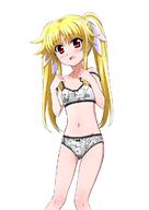 1girl adjusting_bra adjusting_clothes animal_print bangs blonde_hair bow bow_panties bra cat_print child commentary_request crotch_seam eyebrows_visible_through_hair fate_testarossa grey_bra grey_panties hair_ribbon highres loli long_hair looking_at_viewer lyrical_nanoha mahou_shoujo_lyrical_nanoha miyajima_hitoshi navel open_mouth panties print_bra print_panties red_eyes ribbon safe simple_background smile solo standing strap_slip training_bra twintails underwear underwear_only white_background white_ribbon // 850x1200 // 94.0KB