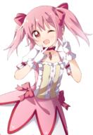 1girl anime bangs bow bow_dress clothing collar double_v dress eyebrows_visible_through_hair female gloves haru_(konomi_150) high_resolution kaname_madoka konomi_150 looking_at_viewer mahou_shoujo_madoka_magica one_eye_closed open_mouth pink_bow pink_eyes pink_hair red_collar s sankaku short_hair short_sleeves simple_background solo two_side_up v white_background white_gloves // 1124x1638 // 869.3KB