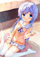 1girl artist_name blue_eyes blue_hair blush chinomaron general gochuumon_wa_usagi_desu_ka? hair_between_eyes hair_ornament highres holding kafuu_chino long_hair long_sleeves mimikaki open_mouth pleated_skirt sailor_collar school_uniform signature sitting skirt smile solo thighhighs twitter_username wariza white_sailor_collar white_skirt white_thighhighs x_hair_ornament // 1061x1500 // 1.0MB