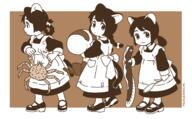 3girls akai_sashimi animal_ears apron black_dress black_hair border bow braid braided_ponytail brown_theme cat_ears cat_tail crab dress eel general hair_bow highres mary_janes monochrome multiple_girls no_nose original shoes short_ponytail shrimp tail white_apron white_border white_bow // 1615x1000 // 375.5KB