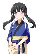 1girl apron bangs black_hair blue_kimono clothing dot_mouth female general haru_(konomi_150) high_resolution highres inoue_takina japanese_clothes kimono konomi_150 long_hair low_twintails lycoris_recoil neck_ribbon purple_eyes ribbon robe s sankaku simple_background solo tasuki tied_hair twintails upper_body wafuku waist_apron waitress white_background // 1003x1416 // 1.0MB